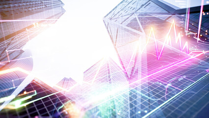 Modern Urban Architecture with Dynamic Financial Graph Overlays