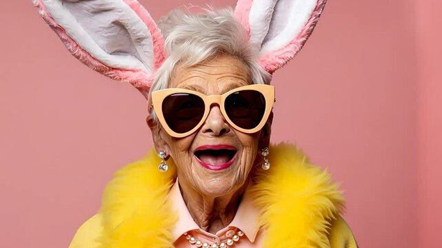 Funny joyful elderly senior woman in bunny ears and sunglasses expresses joy on pink background. Eccentric, quirky, playful, happy vibes