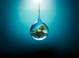 Water drop encapsulates a miniature world with a tree and land against a gradient blue background.  A conceptual image representing nature, environment, and the preciousness of life.
