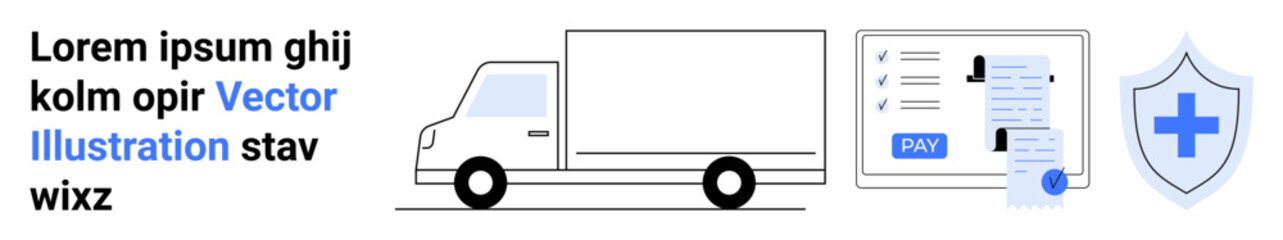 Fototapeta premium White truck, payment form with receipt, and shield with medical cross. Ideal for delivery operations, logistics, online payment, security, healthcare, insurance transportation abstract line flat