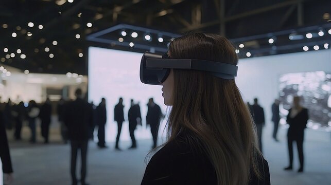 VR experience at trade show, woman exploring virtual art, blurred attendees in background