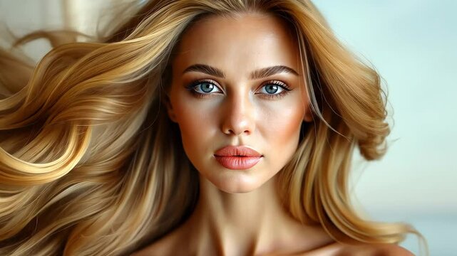Captivating woman with flowing long hair. Beauty and elegance in motion. Hair salon banner