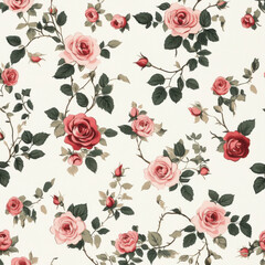 densely packed repeating pattern of small pink and red roses and a few small light olive green leaves