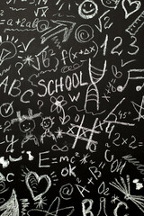Blackboard with hand-drawn mathematical equations, numbers, and creative doodles. The image represents education, learning, childhood creativity, and school atmosphere.