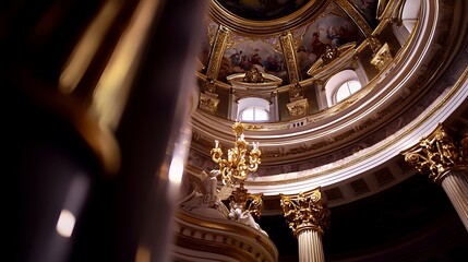 Obraz premium Ornate chandelier beneath a grand dome with intricate artwork and golden accents in a historic building