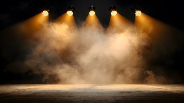 Five spotlights shine down onto a hazy, smoky stage.