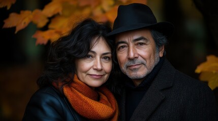 A man and a woman are posing for a picture. The man is wearing a black hat and the woman is wearing an orange scarf. Scene is warm and friendly, as the couple is smiling and looking at the camera