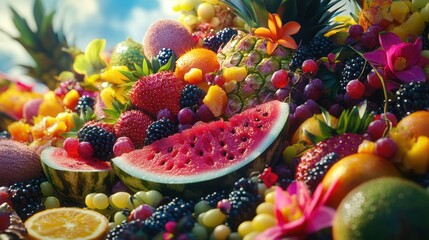 Abundant summer fruits, vibrant colors, outdoor setting, healthy food advertisement
