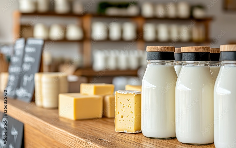 Poster local dairy products at the fresh market. fresh dairy products displayed on a wooden counter, featur