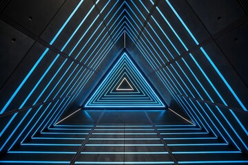 Obraz premium Futuristic Triangular Tunnel with Neon Blue Lights, Infinite Perspective, Sci-Fi Corridor, Dark Metallic Walls, and Cyberpunk Aesthetic