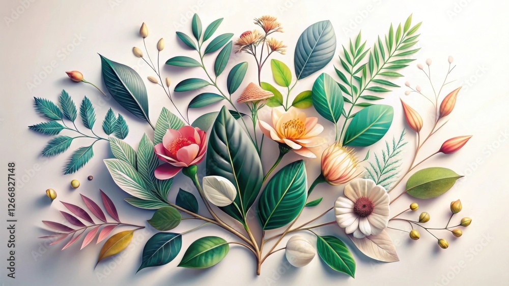 Poster an exquisite arrangement of botanical elements, showcasing a diverse array of leaves, flowers, and b