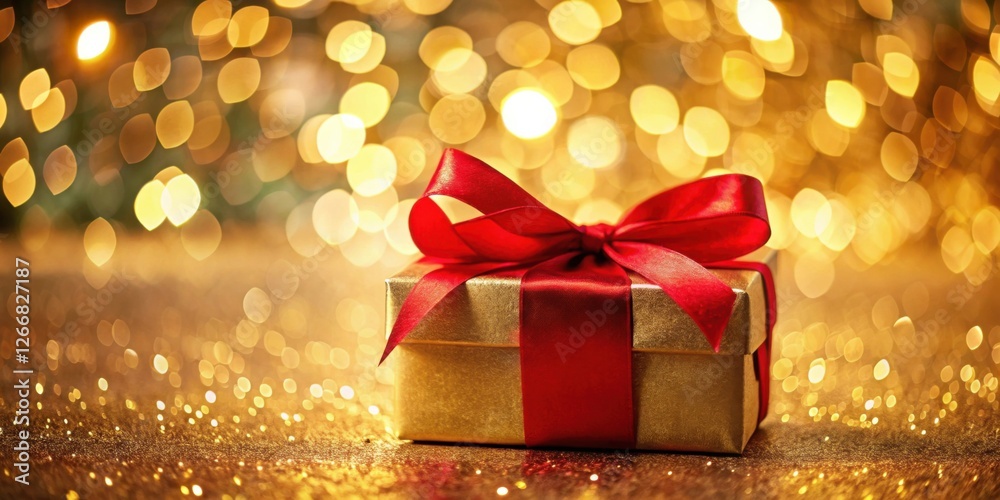 Poster a gold gift box with a red ribbon on a sparkling surface