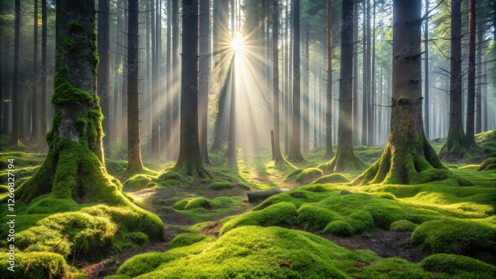 Aufkleber sunbeams illuminate a mystical forest scene with lush mossy ground and tall trees