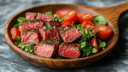 Close up of a wooden bowl filled with cooked steak cubes and a mixed green salad, with cherry tomatoes.  A light brown wooden bowl holds the food against a speckled gray and white background