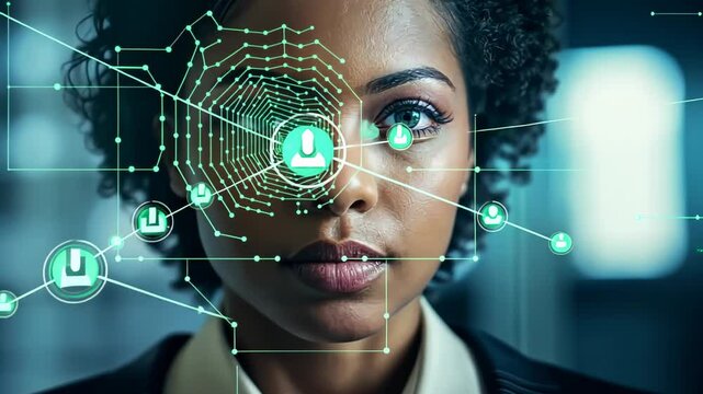 Futuristic facial recognition interface scanning of young black skinned woman. Futuristic biometrics technology concept