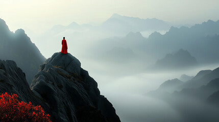 Hiker in vibrant red attire atop misty peak amid rugged nature