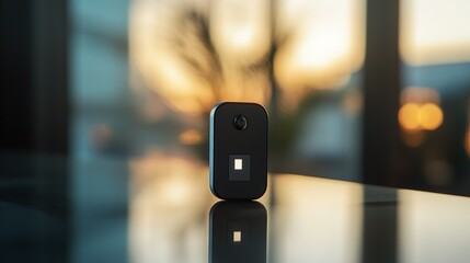 Black rectangular device sits on glass surface against sunset
