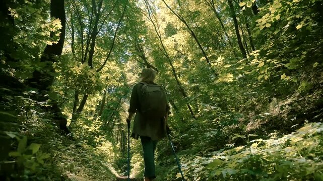 An explorer is power walking with poles through green forest