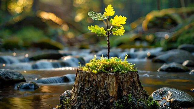 A small sapling grows from the top of a tree stump in a tranquil forest, symbolizing new life and nature&rsquo;s resilience.