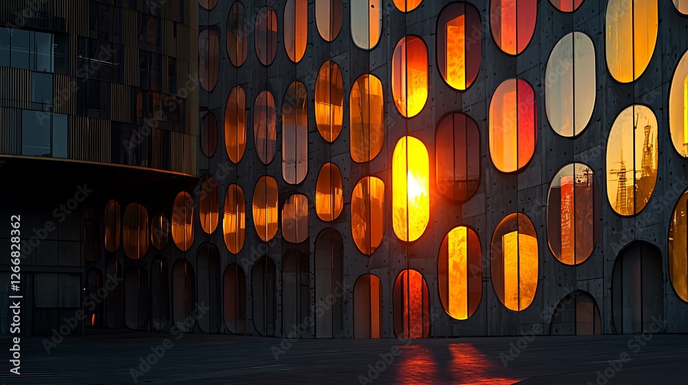 Poster sunset reflecting in oval windows of modern building facade