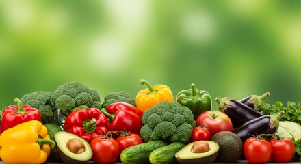 Vibrant, high-quality photograph of a colorful assortment of fresh vegetables and fruits, including bell peppers, broccoli, eggplants, cucumbers, tomatoes, and avocados