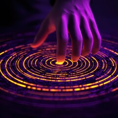 A hand interacts with a glowing circular pattern, creating vibrant waves of light in shades of purple and orange.
