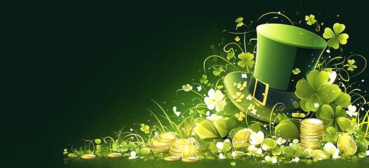 Celebration themed image, lush green clover and gold coins around a leprechaun hat, dark green background, festive, st. patricks day, spring, holiday, leprechaun hat, clover, coins, gold, green, dark