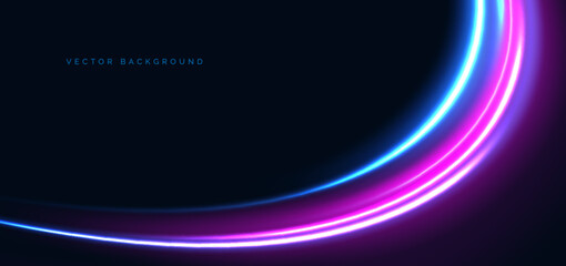 Hi-speed blue and pink neon curved beams rays on dark blue background. Speed motion moving concept.