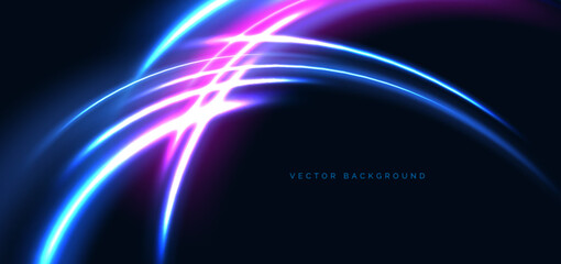 Blue and pink curved neon beams on dark blue background. High speed motion moving concept.