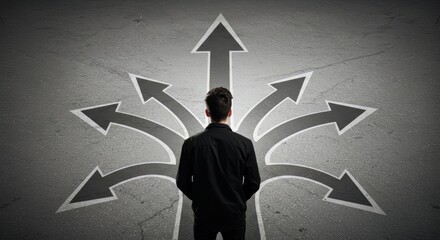 Navigating Life's Choices Man Facing Multiple Paths Urban Setting Conceptual Art Thought-Provoking Perspective on Decision-Making