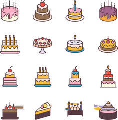 A collection of cartoon-style birthday cake icons in various colors and designs.