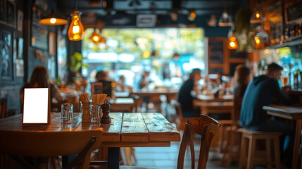 Cozy Cafe, warm lighting, wooden tables, relaxed patrons, bustling atmosphere, outdoor view, inviting ambiance