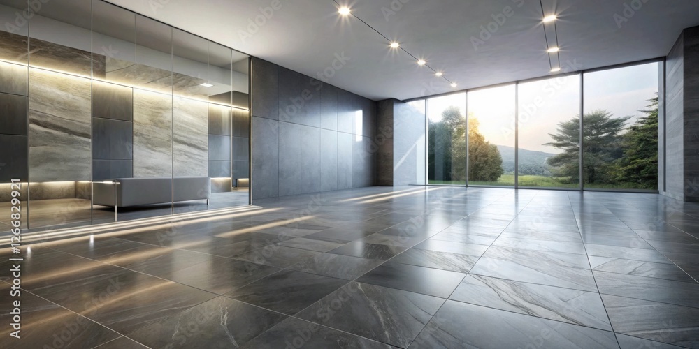 Poster modern minimalist waiting area with expansive window views and sleek stone tile flooring