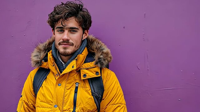 A portrait of a young man wearing a yellow jacket, standing against a vibrant purple wall, creating a contrast of bold colors.
