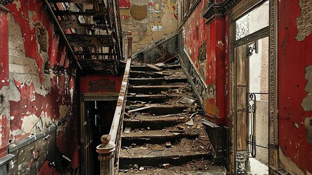 A damaged staircase in a decaying, abandoned building with peeling walls and debris scattered on the floor, evoking neglect and decay.