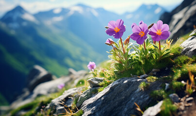 Obraz premium Flower on a steep cliff, alpine flora, beautiful nature, generated ai 