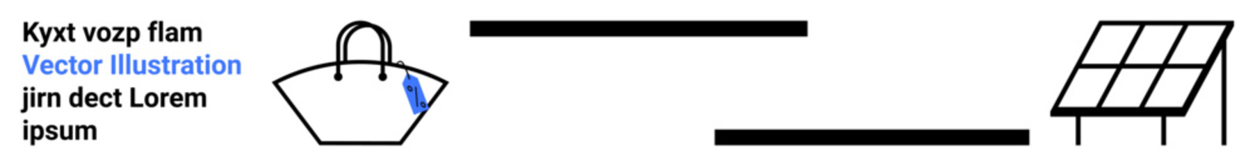 Minimal tote bag with blue detail positioned near a simple solar panel sketch with thick black lines. Ideal for sustainability, renewable energy, eco-friendly products, fashion, minimalism, branding