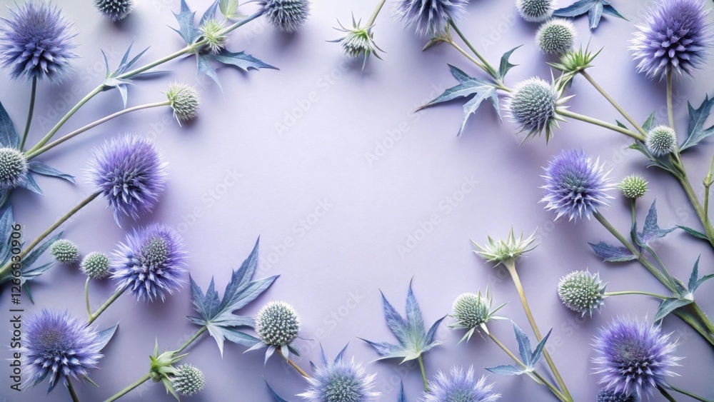 Aufkleber serene lavender floral frame with delicate thistle blooms and buds arranged on a soft purple backgro