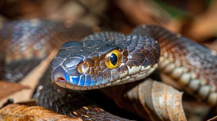 Fototapeta premium Close-up of a vibrant snake resting among dry leaves in a lush forest, showcasing its intricate scales and vivid colors