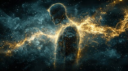 Cosmic Man, Staring at Space, Nebula Background, Contemplation, Art