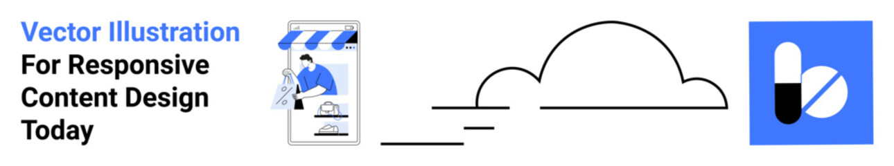 Mobile storefront with person writing, abstract cloud graphic, and healthcare app icon. Ideal for e-commerce, healthcare, digital services, cloud technology, innovation, UIUX flat landing page