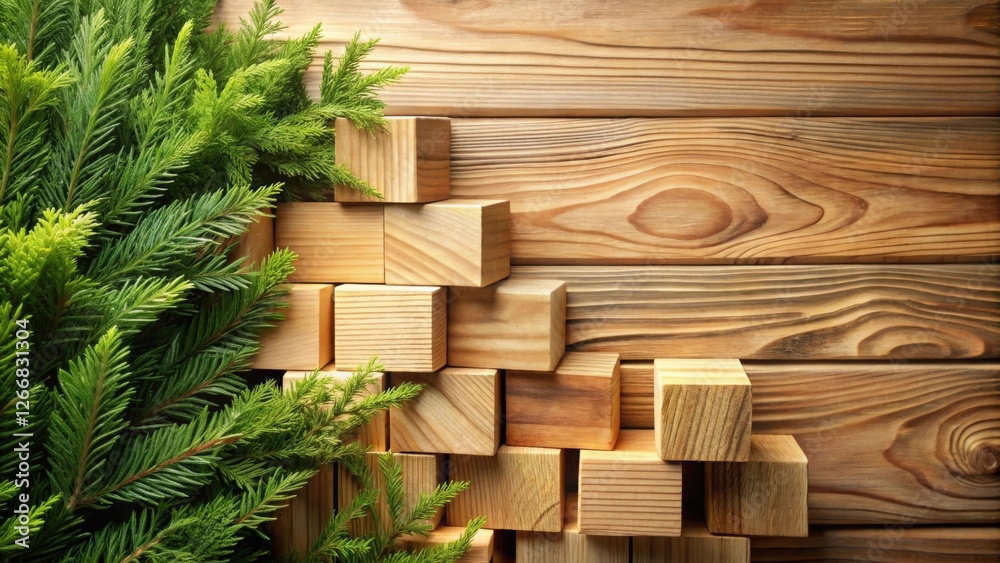 Poster Lush evergreen boughs nestled beside a captivating arrangement of natural wooden blocks, creating a rustic and inviting composition.