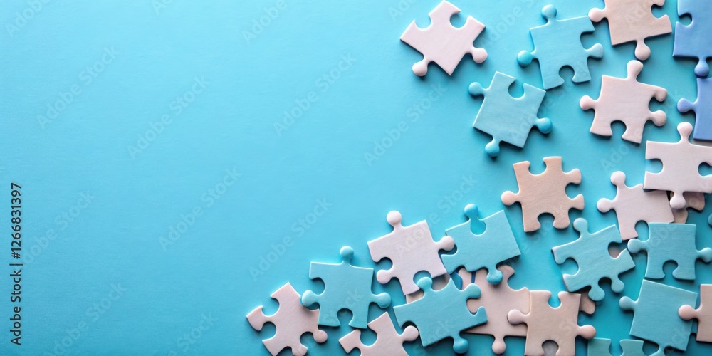 Poster Pastel Puzzle Pieces on a Light Blue Background A Conceptual Image for Problem Solving and Teamwork