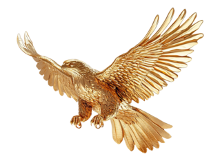 Golden Carving of a Goshawk in Flight with Wings Spread Wide and Detailed Feathers Captured in Stunning Realism