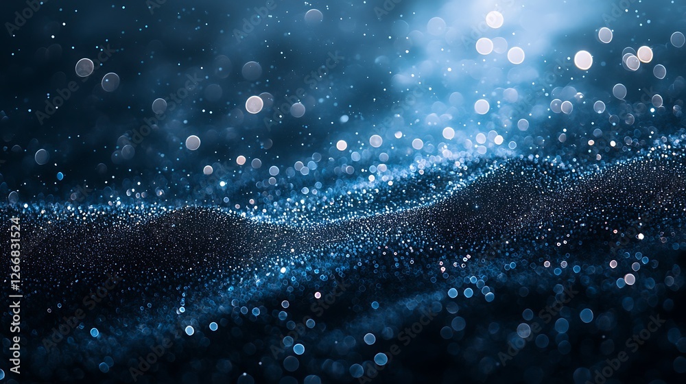 Poster dark blue digital particles wave, bokeh background, abstract tech design