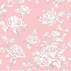 seamless pattern outline white Rose floral with bow coquette, outline sketch white toile
