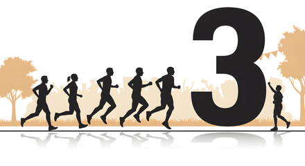 engaging silhouette art of marathon runners with a prominent kilometer marker in a dynamic scene