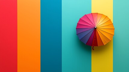 Obraz premium Rainbow umbrella on colorful striped background, overhead view, summer design