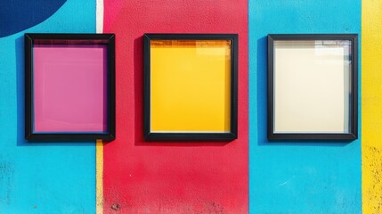 three empty photo frames on colorful wall, street art with bright colors, empty space for text or design