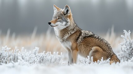 Obraz premium Coyote in snowy field, alertly gazes afar. Wildlife. Nature scene background